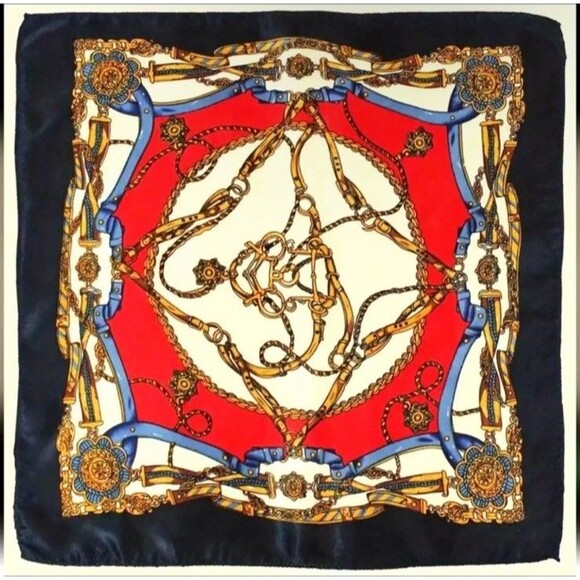 Vintage Chain Print Square Scarf Blue Red and Gold Elegant Satin Neckerchief - Picture 3 of 3